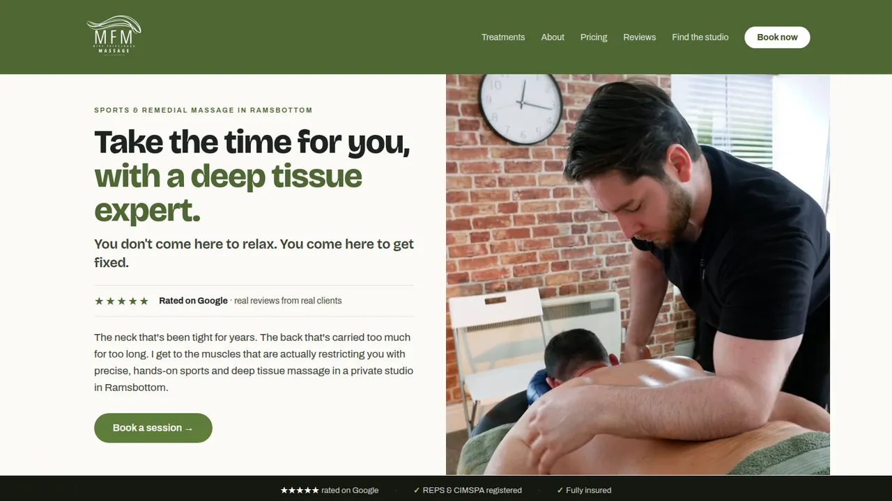 Homepage of the Mike Fairclough Massage website built by Cristian Fry